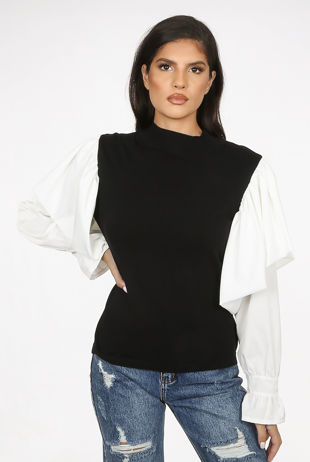 Black Ribbed High Neck Frill Sleeve Jumper
