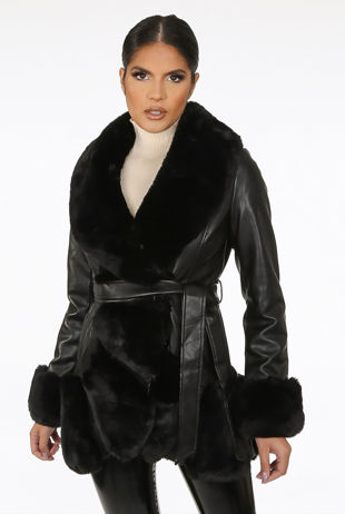 Black Faux Leather Fur Trim Coats
