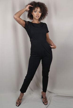 Black Crochet Trim Open Back Jumpsuit