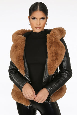 Black Faux Leather Fur Trim Biker Jacket