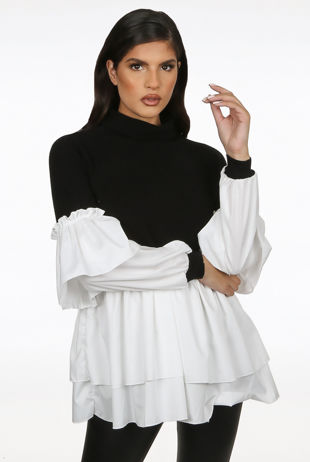 Black Ribbed High Neck Tier Sleeve Jumper With Gatherings