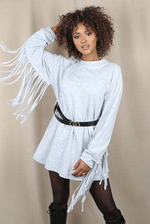 Grey Tassel Trim Belted Mini Dress