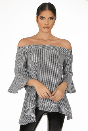Gingham Bardot Top With Cut Out Back In Black