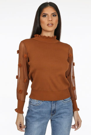 Camel Mesh Sleeves Ribbed Jumper
