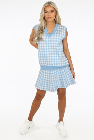 Blue Check Knitted Vest & Mini Skirt Set