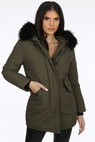 Khaki Padded Lining Fur Hood Parka Coats 