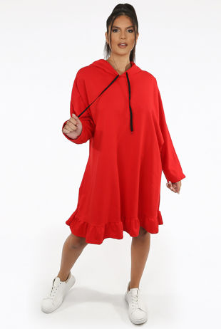 Red Hooded Tie Up Jumper Dress