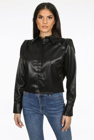 Black Cropped PU Shirt