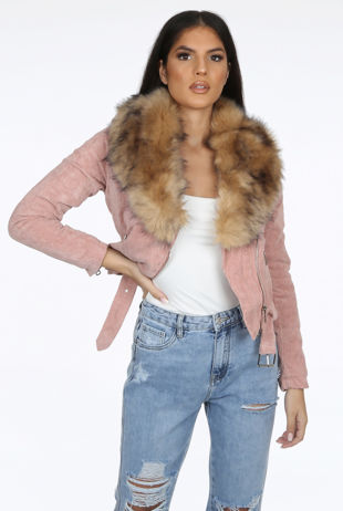 Pink Corduroy Biker Jacket With Natural Faux Fur