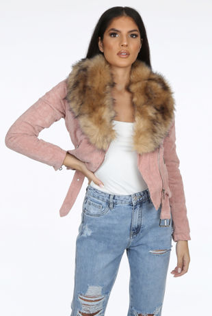 Pink Corduroy Fur Trim Jacket