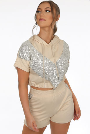 Beige Hooded Sequin Trim Jumper & Sequin Panel Shorts Set 