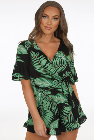 Navy Floral Print Side Knotted Wrap Up Playsuit