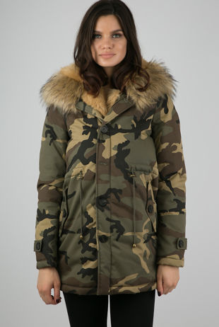 Beige Faux Fur Lined Camouflage Hooded Parka Coat
