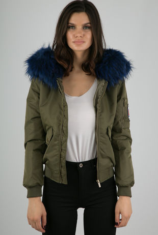 Khaki Fur Hood Military Bomber Jacket