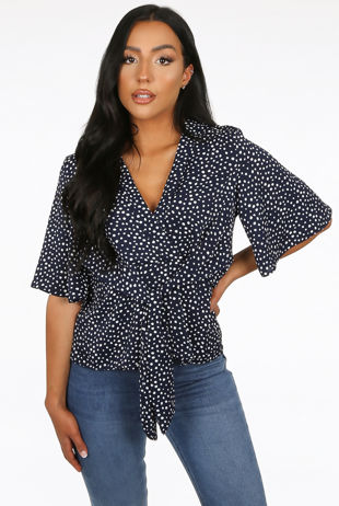 Navy Polka Dot Tie Front Blouse