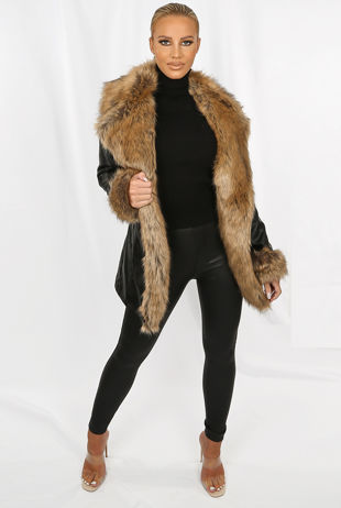 PU Beige Faux Fur Collar Longline Tie Up Coat