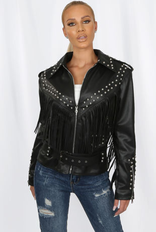 Black Studded PU Zip Up Tassel Jacket 
