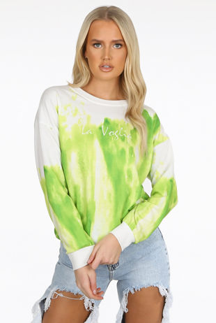 Green Tie Dye Print Slogan Long Sleeve Top