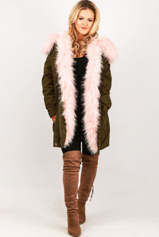  Khaki With Pink Fur Hood Fleece Lined Parka Coats