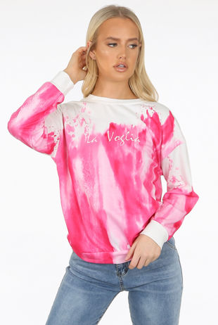 Pink Tie Dye Print Slogan Long Sleeve Top