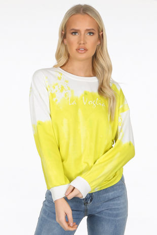 Yellow Tie Dye Print Slogan Long Sleeve Top