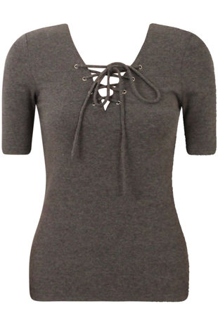 Grey Ribbed Jersey Lace Up Top