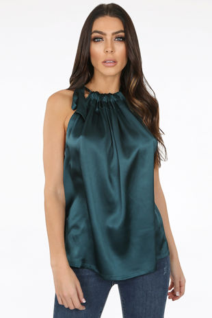 Satin Tie Neck Sleeveless Blouse In Green