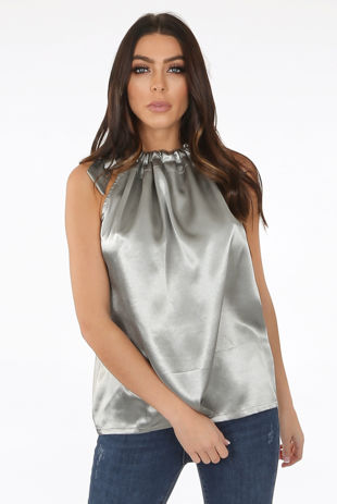 Satin Tie Neck Sleeveless Blouse In Silver