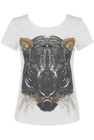 White Sequin Tiger Print Round Neck Tees