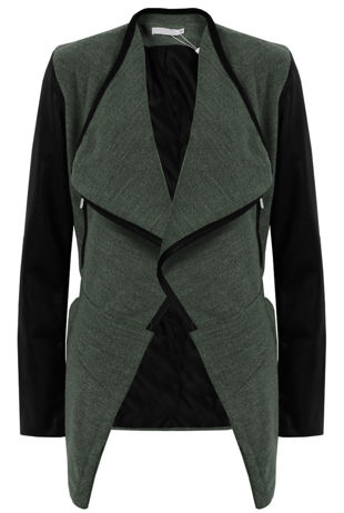 Knitted Khaki Pullover With PU Sleeves
