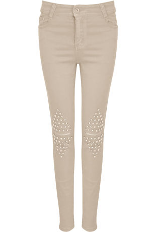 Beige Studded Knees Ripped Jeans