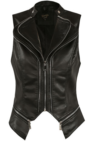 Black PU Double Collar Zip Up Gilet