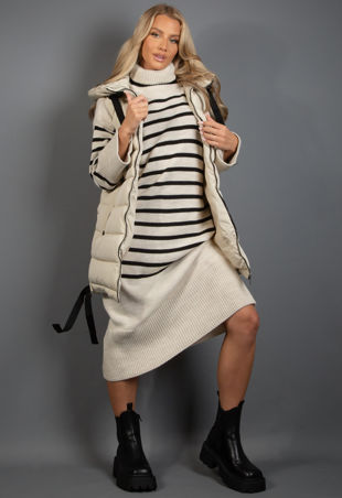 Beige Hooded Puffer Gilet With Webbing Detail