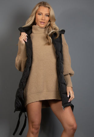 Black Hooded Puffer Gilet With Webbing Detail