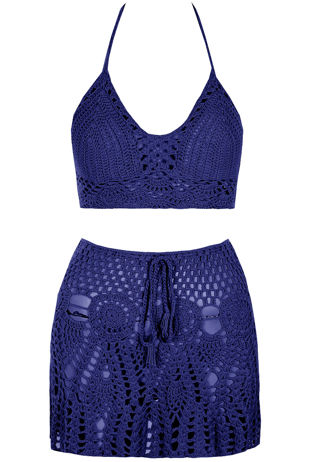 Royal Blue Crochet Halter Top & Mini Skirt Set