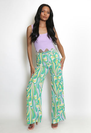 Green Printed High Waisted Wide Leg Trouser