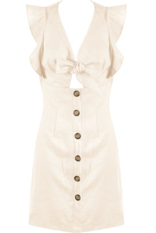 Beige Front Tie Up Button Hem Dress