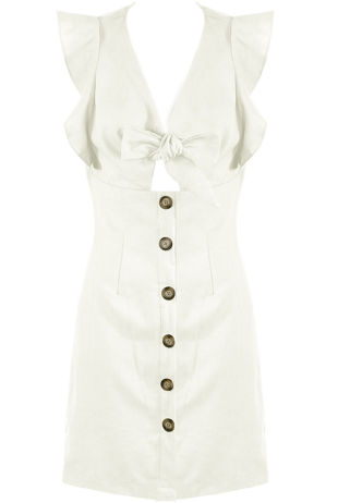 White Front Tie Up Button Hem Dress