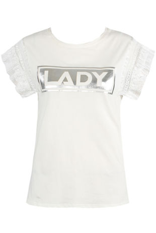 LADY Slogan Pleated Sleeve White Tees