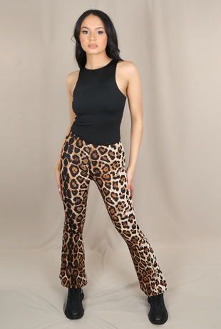 Camel Animal Print Flared Trousers