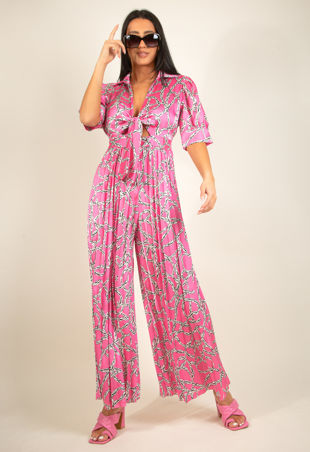 Fuchsia Chain Print Tie Front Palazzo Jumpsuit