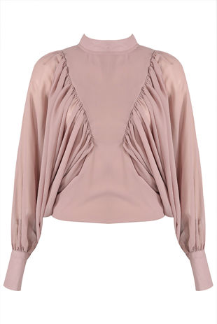 Pink Wing Sleeves Drape Pleated Blouse