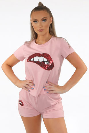 Pink Sequin Lips Trim Round Neck Tees & Shorts Set