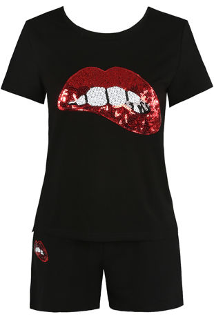 Black Sequin Lips Trim Round Neck Tees & Shorts Set