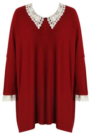 Burgundy Crochet Collar Knitted Jumper
