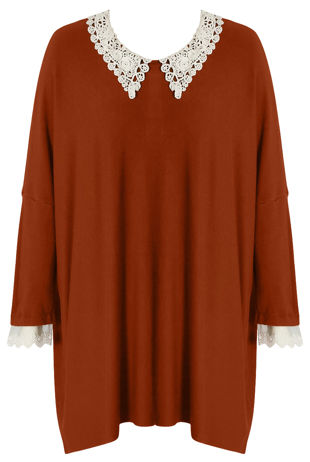 Brown Crochet Collar Knitted Jumper