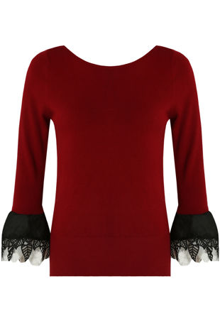 Wine Contrast Floral Bell Sleeve Knitted Top