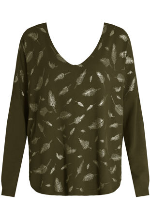 Foil Leaf Print Knitted Khaki Jumper