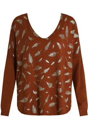 Foil Leaf Print Knitted Tan Jumper