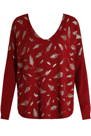 Foil Leaf Print Knitted Wine Jumper